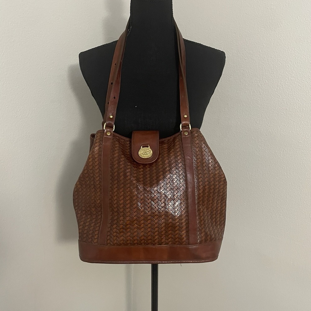 VTG BRAHMIN Brown Basket Weave Woven Leather Tote Shoulder Bag Adjustable Strap